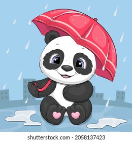 Cute cartoon panda with a red umbrella. Rainy animal vector illustration on blue urban background.