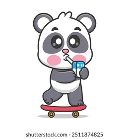 Cute Cartoon Panda Is Riding A Skateboard And Drinking A Carton Of Milk Illustration Icon Vector, Animals Drink Cartoon Isolated Icon Premium Vector, Holiday Cartoon Style