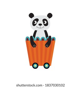 Cute cartoon panda riding a train isolated on white background - little exotic animal traveling in cart wagon and smiling. Flat vector illustration.