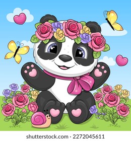 Cute cartoon panda in the rose garden. Vector illustration of an animal on a blue background with clouds, butterflies and hearts.