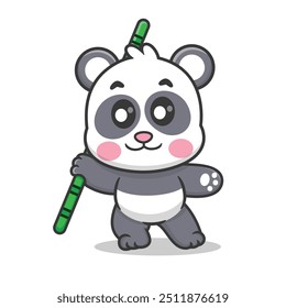 Cute Cartoon Panda Sadang Kung Fu Holding Bamboo Stick Ilustración Icono Vector, Animales Naturaleza Icono aislado Premium Vector, Estilo de Naturaleza de dibujos animados