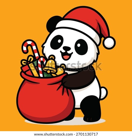 Cute cartoon panda in santa hat with christmas gift and snowflakes on a festive orange background, holiday season celebration vector. Stock photo © 