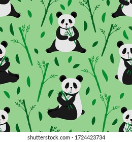 Cute cartoon panda. Seamless pattern. Flat vector illustration isolated on green background.