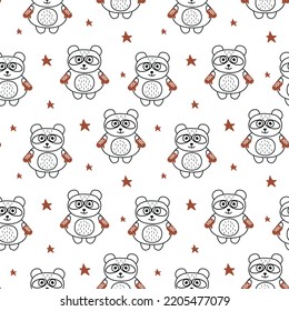 Cute cartoon panda seamless pattern. Panda bear in mittens  and red stars repeat on white background. Vector illustration for kids design.