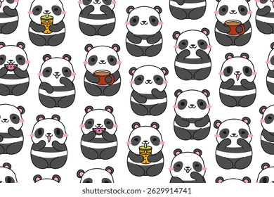Cute cartoon panda seamless pattern. Kawaii panda bamboo bear seamless pattern. Decorative wrapping paper. Stock vector illustration on white background.