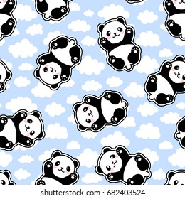 Cute Cartoon Panda Seamless Pattern Background, Vector Illustration