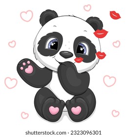 Cute cartoon panda sends an air kiss. Vector illustration of an animal on a white background with hearts.