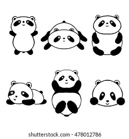 Nette Zeichentrickpanda-Set-Symbole. Schwarz weiß handgezeichnetes Doodle-Tier. Vektorgrafik. Skizze zum Färben von Seite, Tattoo, Poster, Print, T-Shirt
