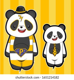 set de caricaturas lindas, panda de caricaturas con fondo amarillo aislado