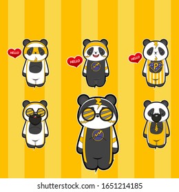 set de caricaturas lindas, panda de caricaturas con fondo amarillo aislado