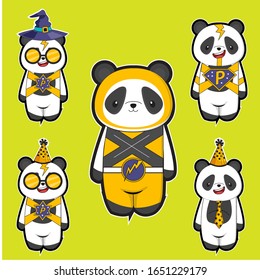 cute cartoon panda set, cartoon panda with isolated green background