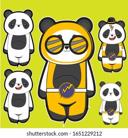 cute cartoon panda set, cartoon panda with isolated green background