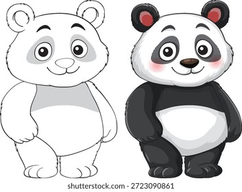 Desenho animado bonito panda mostrado em ambos preto-e-branco contorno e totalmente colorido vetor estilo ilustração