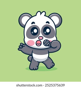 Cute Cartoon Panda Singing Metal Vector Icon Illustration. Animal Music Icon Concept Isolated Premium Vector. Technology Cartoon Style