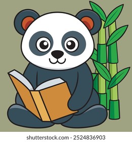 Panda de cartum bonito fica em arbusto de bambu e lendo um livro