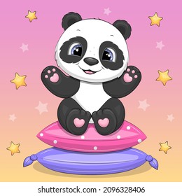 Cute cartoon panda sits on pillows. Vector illustration on a pink background with stars.