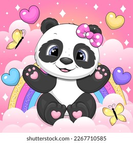 A cute cartoon panda sits on a pink cloud. Vector illustration of an animal on a pink background with clouds, hearts, butterflies and a rainbow.