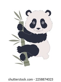 Cute cartoon panda is sitting on a bamboo. Funny character in the flat style. Vector illustration of a bear on a tree. Baby animal design is perfect for fabric, T-shirt, baby shower, party. 