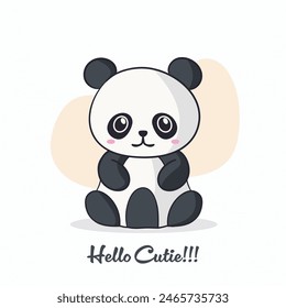 Cute cartoon panda sitting on a abstract background. Vector illustrations with text Hello Cutie.