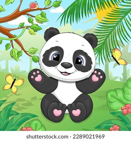 Cute cartoon panda is sitting in the rainforest. Summer vector illustration of an animal in nature with trees, flowers, butterflies and leaves.