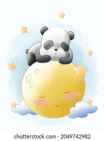 Cute Cartoon panda está durmiendo en la imagen de los animales de la acuarela de la luna. Aislada sobre fondo blanco, para la portada, la impresión, la ducha de bebé, decoraciones de vivero, invitaciones de cumpleaños, tarjeta de saludo