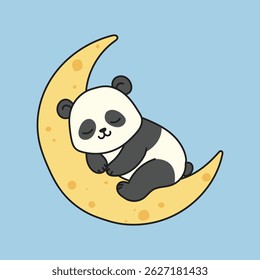 Cute cartoon panda sleeping on a yellow crescent moon. Perfect for children’s designs, bedtime themes, nursery art, and kawaii illustrations.