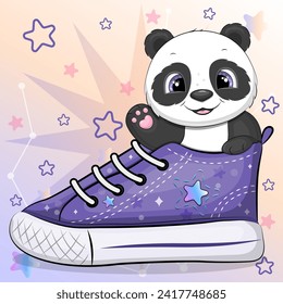 Ein süßer Cartoon-Panda mit einem Sneaker. Vektorgrafik eines Tieres auf buntem Hintergrund mit Sternen.
