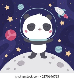 Cute cartoon panda in space. Kawaii animal character in space suits. Cosmic background with planets, stars, moon and spaceship. Vector illustration for nursery, banner and poster prints.
