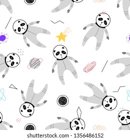 Cute cartoon panda in space seamless pattern background. Vector illustration. Wrapping paper, kids textile, background fill . 