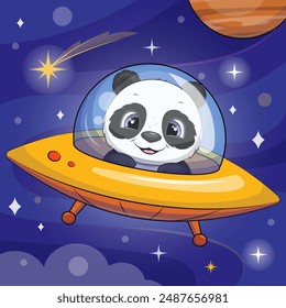 Lindo panda de dibujos animados en una nave espacial. Ilustración vectorial de un animal en el espacio sobre un fondo azul con estrellas y un planeta.