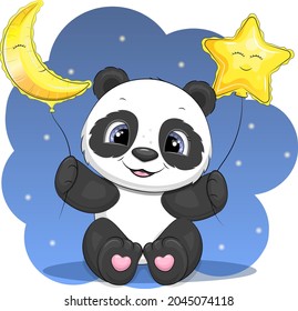 Panda de dibujos animados con globos estelares y lunares. Ilustración del vector animal nocturno sobre fondo azul.