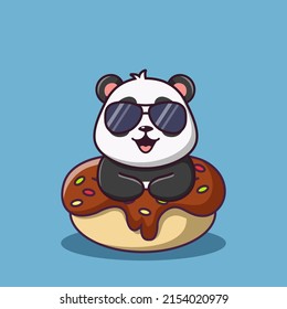 Cute cartoon panda with sweet donut, Cute cartoon panda at summer party, vector cartoon illustration