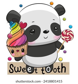 Cute Cartoon Panda Sweet Zahn mit Cupcake und Lollipop