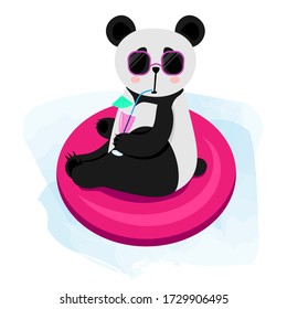 Cute Cartoon Panda schwimmt im Pool. Panda in Gläsern trinkt einen Cocktail. Vector Illustration auf weißem Hintergrund isoliert.