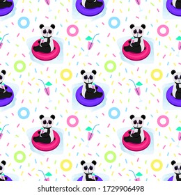 Cute cartoon panda swims in the pool. Panda in glasses drinks a cocktail. Seamless pattern. Vector illustration isolated on a white background.