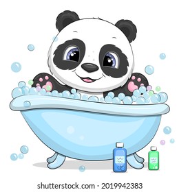 Cute cartoon panda takes a bath. Vector illustration of an animal on a white background with bubbles.