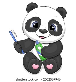 Cute cartoon panda with a toothbrush and toothpaste. Vector illustration of an animal on a white background.