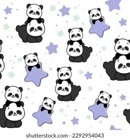 Pequeños juguetes de panda con estrellas. Ilustración vectorial para camisetas con un patrón sin fisuras de estilo kawaii sobre fondo blanco