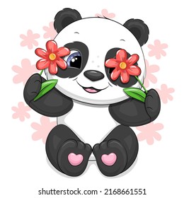 Cute cartoon panda with two flowers. Vector illustration of an animal on a white background with red flowers.