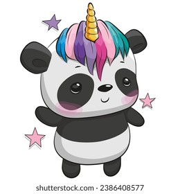 Cute Cartoon Panda Unicorn isolated on a white background
