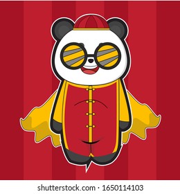Cute cartoon panda using costume festival, isolated background in red