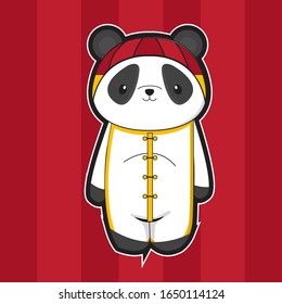 Cute cartoon panda using costume festival, isolated background in red