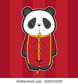 Panda de dibujos animados con un festival de disfraces, antecedentes aislados en rojo