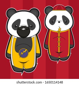 Panda de dibujos animados con un festival de disfraces, antecedentes aislados en rojo