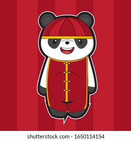 Cute cartoon panda using costume festival, isolated background in red