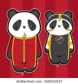 Cute cartoon panda using costume festival, isolated background in red