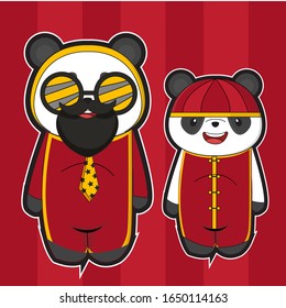 Cute cartoon panda using costume festival, isolated background in red