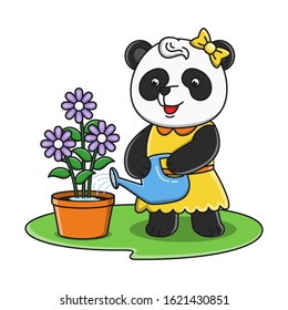 Cute cartoon panda watering flowers design illustration vector