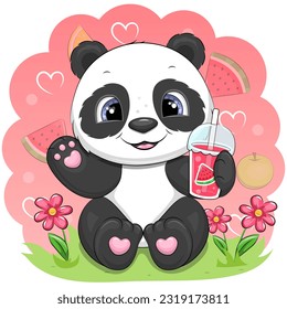 Panda de dibujos animados con zumo de sandía. Ilustración vectorial de verano de un animal sobre un fondo rosado con frutas y corazones.