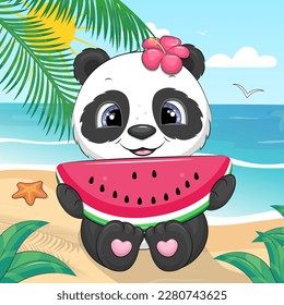 Cute cartoon panda with a watermelon on the beach. Summer vector illustration of an animal in nature with sea, palm and sun.